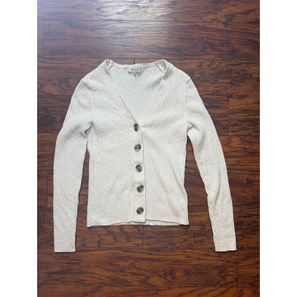 Madewell Ribbed V-Neck Cardigan Sweater Cream Off-White Button Front Slim Fit M